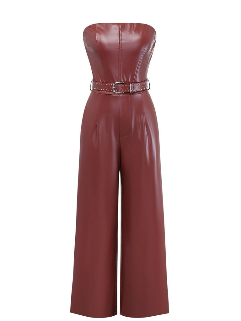 1940s PU Leather Belted Strapless Jumpsuit
