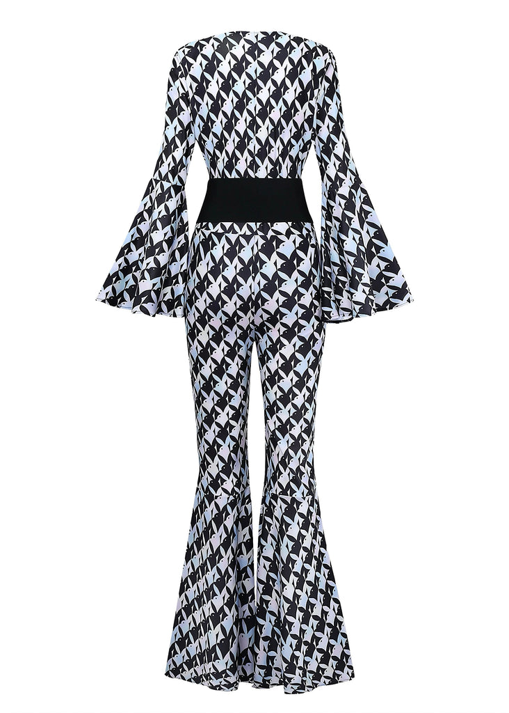 Black & White 1980s Houndstooth Bell Sleeve Jumpsuit