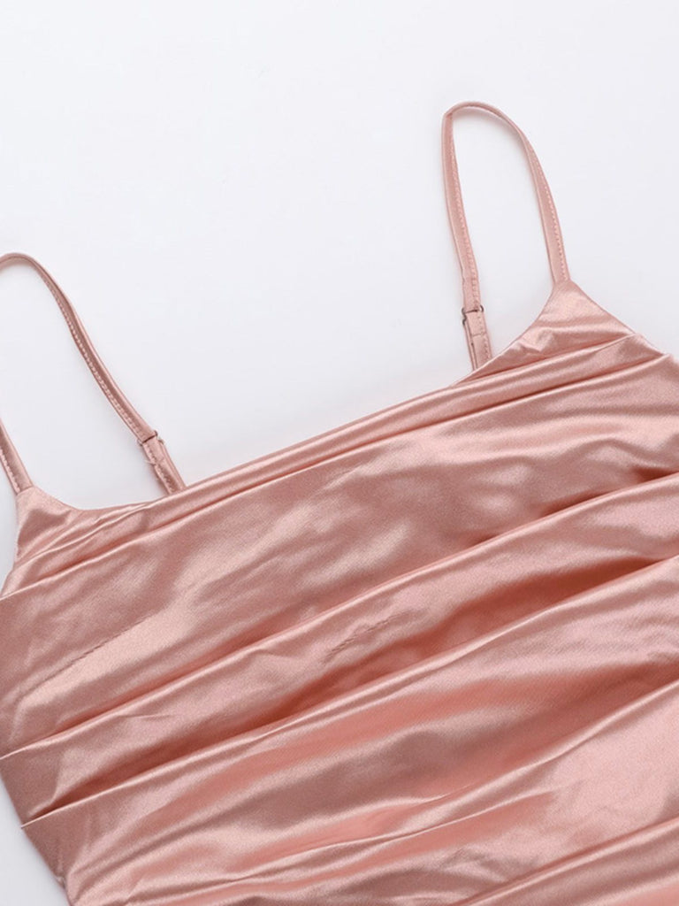 Pink 1930s Solid Satin Ruched Slit Dress