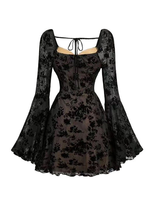 Black 1950s Lace Floral Bishop Sleeves Dress