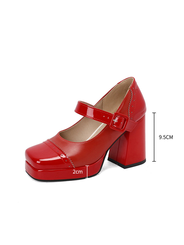 Patent Leather Block Heel Square Toe High Heels