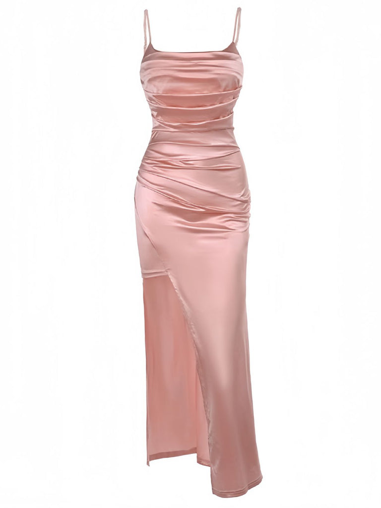 Pink 1930s Solid Satin Ruched Slit Dress