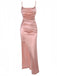 Pink 1930s Solid Satin Ruched Slit Dress