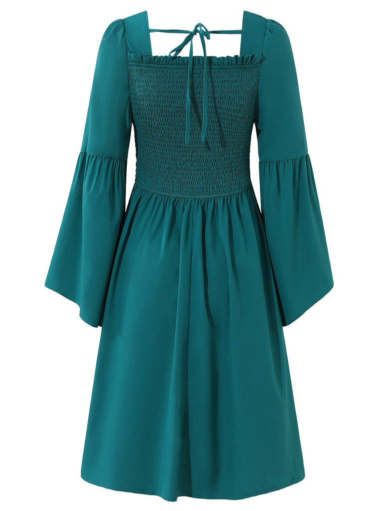 Blue 1940s Square Neck Lace-Up Ruched Dress