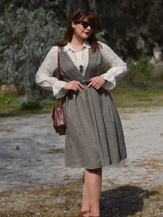 2PCS Grey 1940s V-Neck Plaid Dress & Satin Blouse