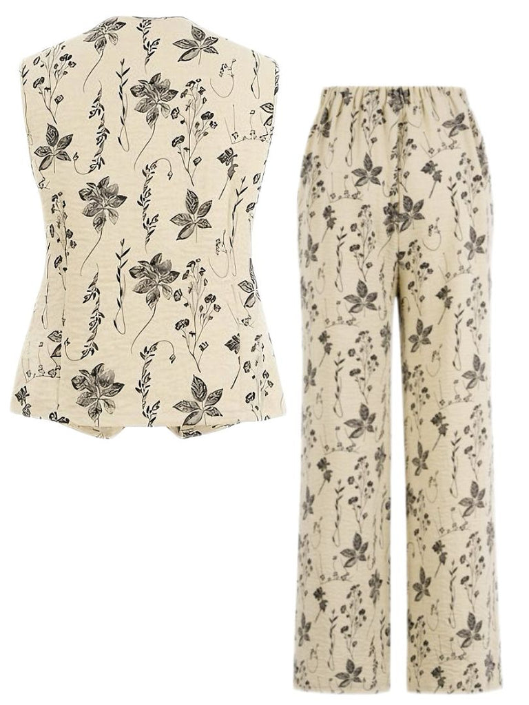 2PCS 1940s Floral Hem V-Neck Vest & Pants