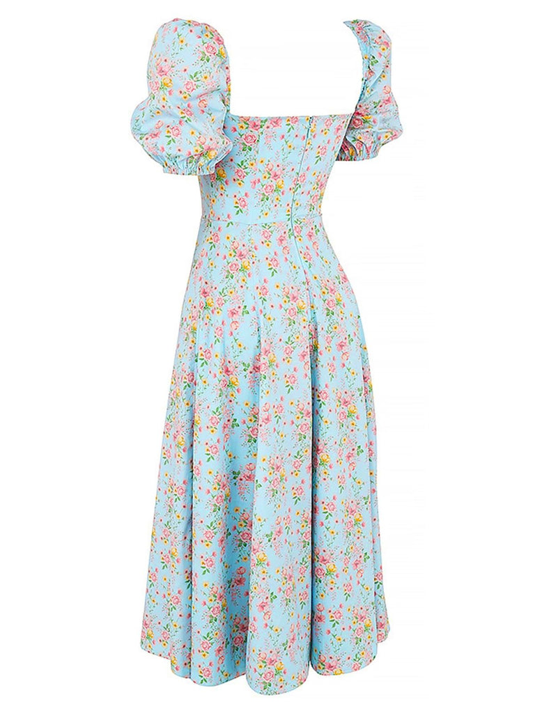 1940s Ditsy Floral Square Neck Slit Dress