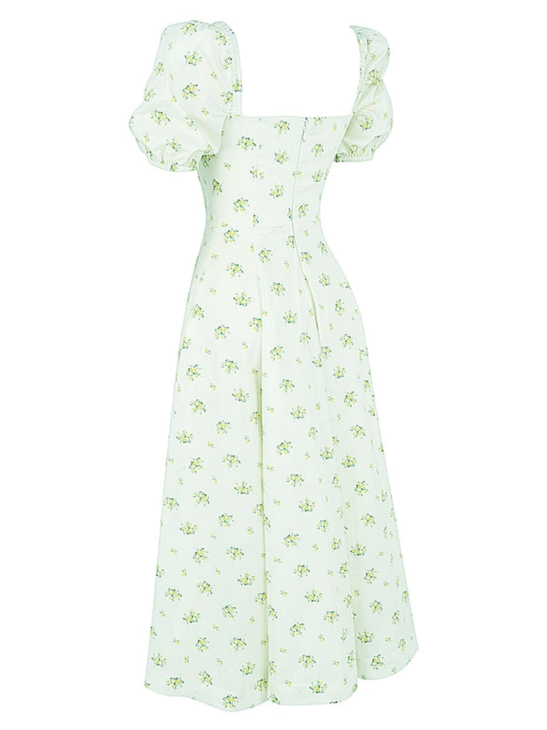 1940s Ditsy Floral Square Neck Slit Dress