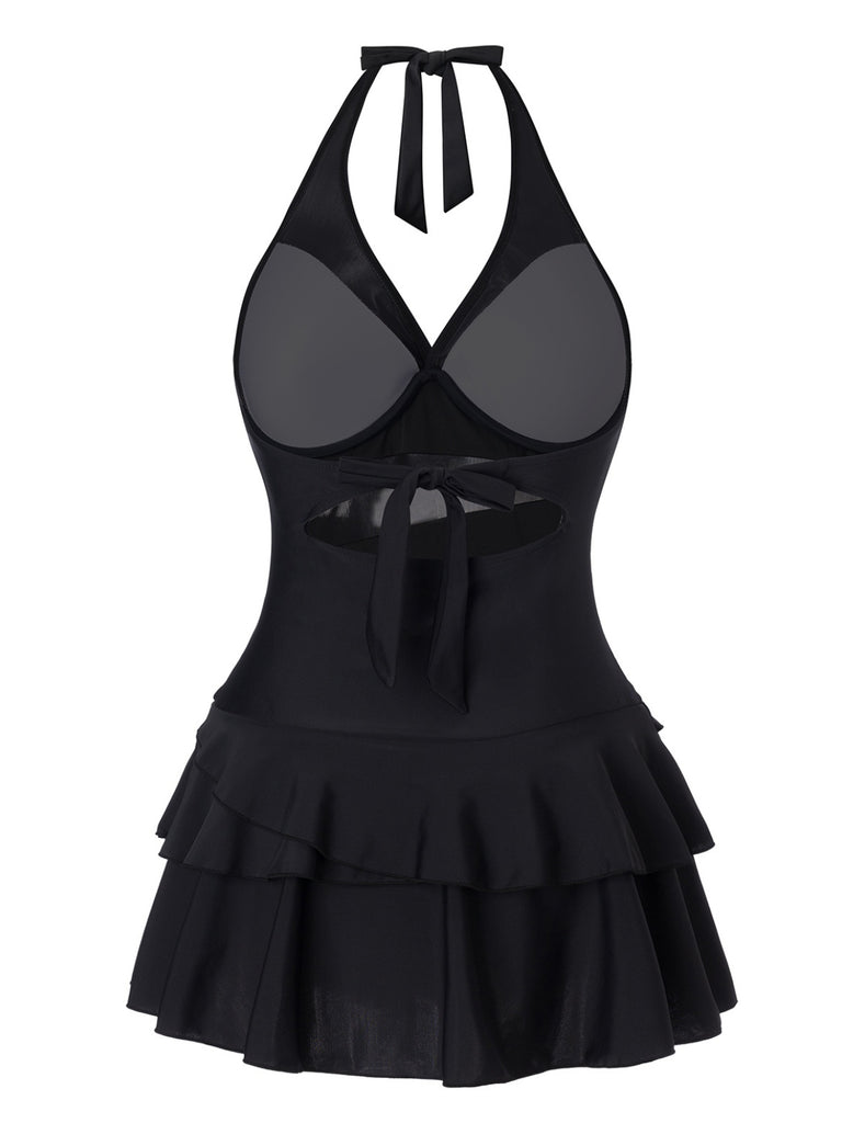 Black 1940s Layered Hem Halter Swimdress