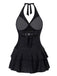 Black 1940s Layered Hem Halter Swimdress