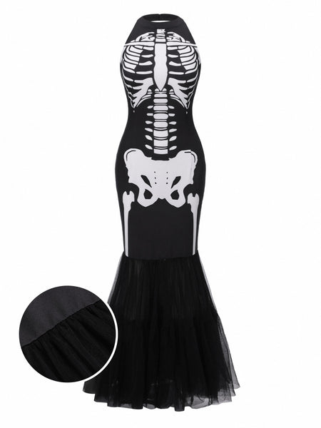 Halloween Skeleton Black & White Sleeveless Mermaid Fishtail Dress
