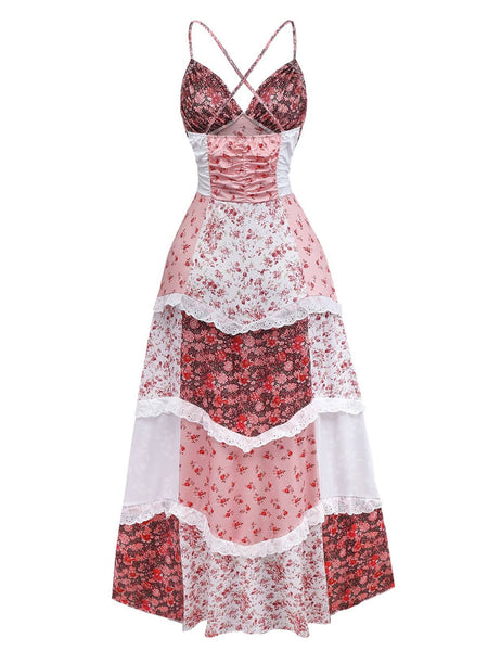 Multicolor 1930s Quilt Floral Print Ruffled Strap Dress