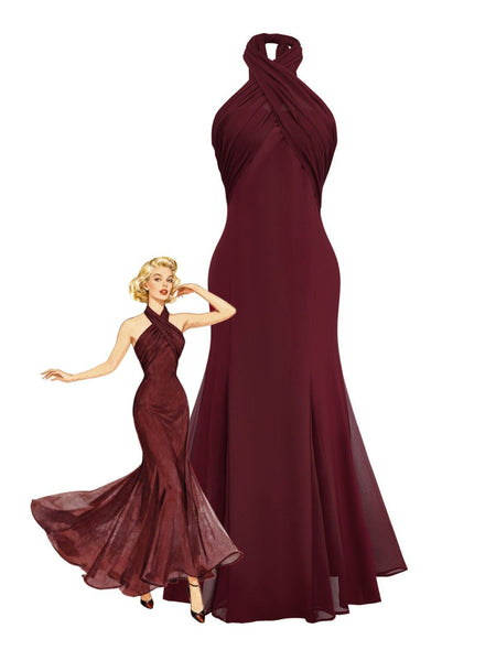 1930s Solid Chiffon Criss Cross Strapless Convertible Dress