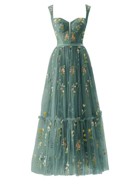 Floor Length Tulle Wedding Guest Dress A-Line Floral Sleeveless V Neck Lace with Embroider