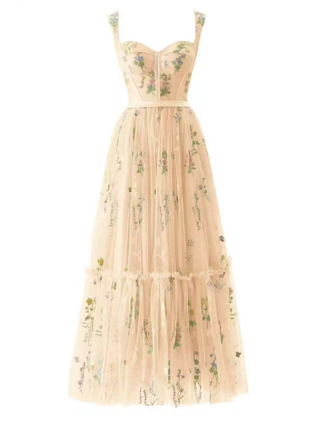 Floor Length Tulle Wedding Guest Dress A-Line Floral Sleeveless V Neck Lace with Embroider