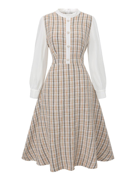 Khaki 1940s Vintage Style Patchwork Long Sleeve Dress | Retro Stage Khaki 1940s Vintage Style Patchwork Long Sleeve Dress | Retro Stage