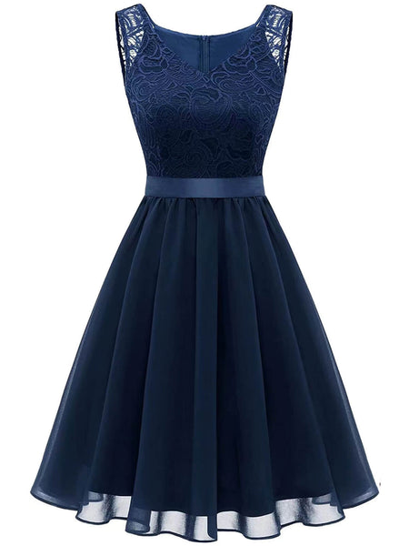 A-Line Cocktail Dress Blue Sleeveless Short Scoop Chiffon with Bow 2026