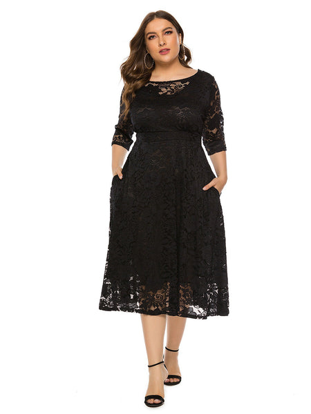 Plus Size] 1940s Solid Lace Pocket Swing Dress
