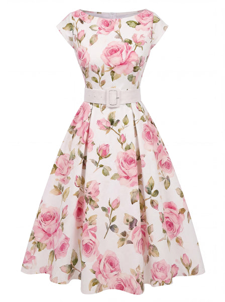 Pink 1950s Boat Neck Antique Floral Dress