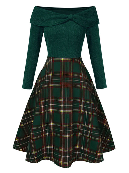 Green 1950s Christmas Off Shoulder Tartan Dress | Retro Stage Green 1950s Christmas Off Shoulder Tartan Dress | Retro Stage