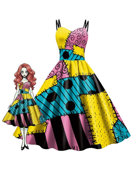 Multicolor 1950s Nightmare Before Christmas Sally Colorblock Dress | Retro Stage Multicolor 1950s Nightmare Before Christmas Sally Colorblock Dress | Retro Stage