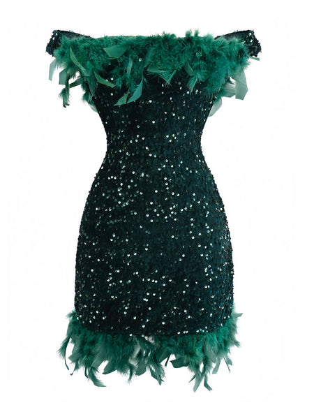 Dark Green Sequined Off-Shoulder Feather Bodycon Mini Dress for Party