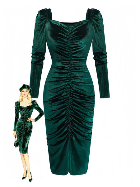 Vintage Sweetheart Ruched Velvet Bodycon Dress Retro Holiday Cocktail Dress Dark Green Vintage Sweetheart Ruched Velvet Bodycon Dress Retro Holiday Cocktail Dress Dark Green