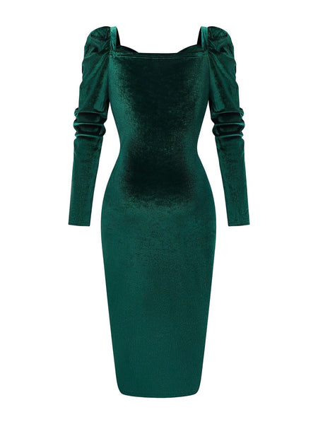 Vintage Sweetheart Ruched Velvet Bodycon Dress Retro Holiday Cocktail Dress Dark Green