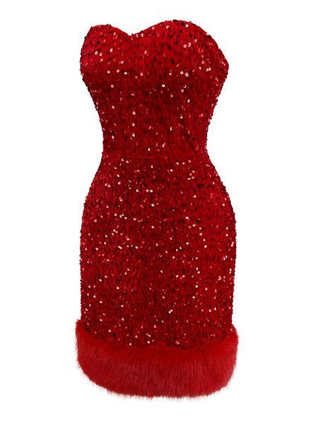 Red Sequined Strapless Velvet Mini Dress with Faux Fur Trim| Retro Stage