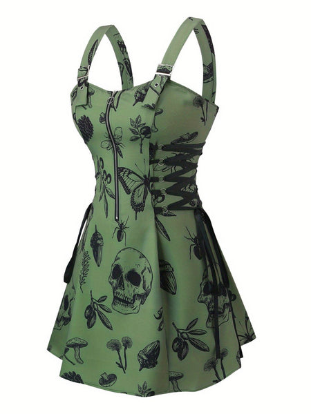 slim fit dress slacks Plus Size Gothic Punk Dress Skull Print Straps Front Zipper Mini Dress