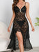 Black 1950s Sheer Floral Lace Deep-V Slit Nightgown