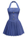 1960s Denim Halter Pleated Button Mini Dress