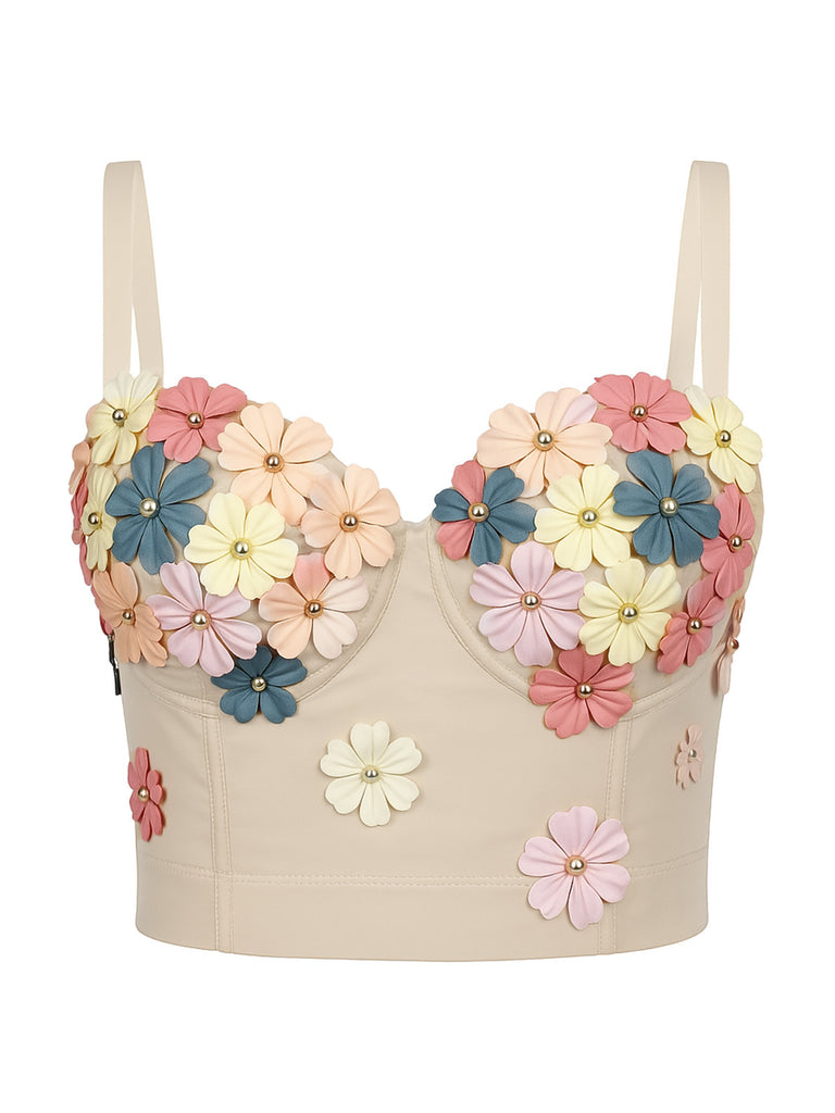 Beige 1950s 3D Floral Boned Corset