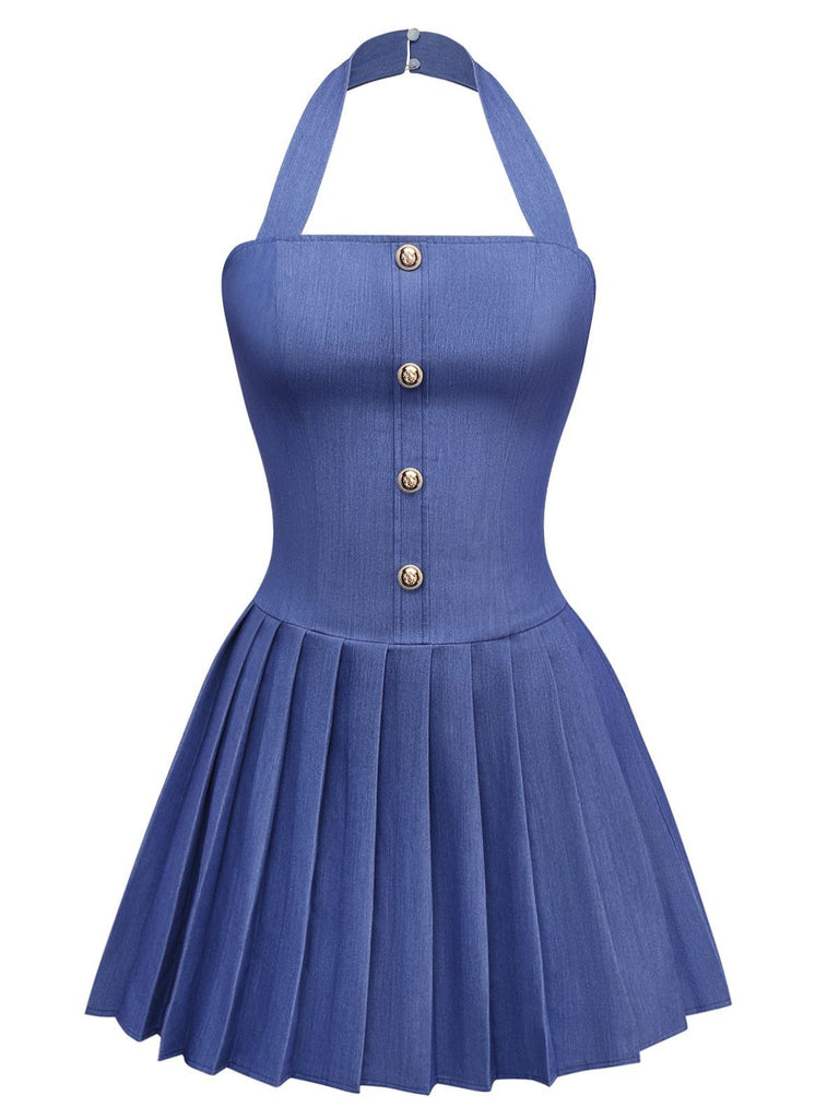 1960s Denim Halter Pleated Button Mini Dress