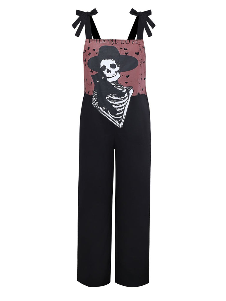 Black 1970s Halloween Gothic Skeleton Print Suspender Jumpsuit