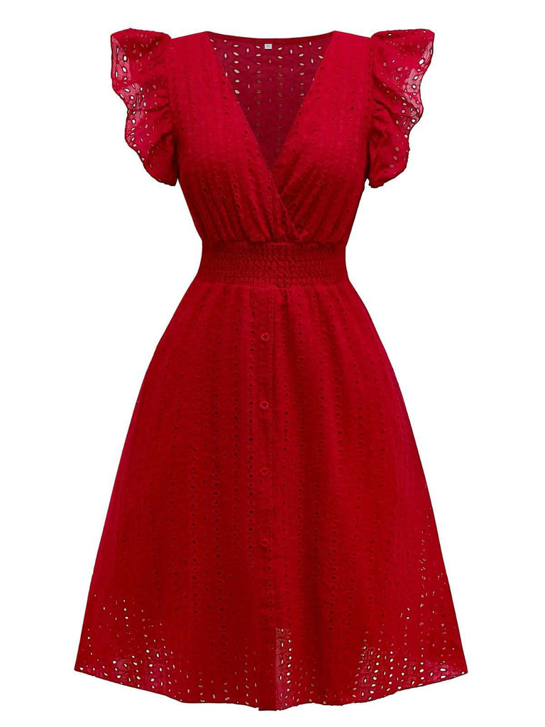 1940s V-Neck Cutout Cotton Smocked Ruffled Dress