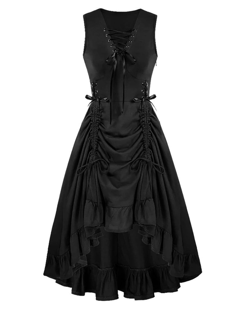 1940s Solid Sleeveless Drawstring Lace-Up Dress