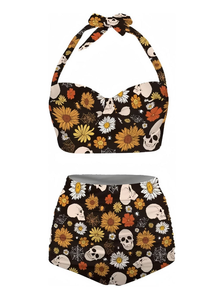 Black 1950s Floral Print Lace-Up Halter Swimsuit