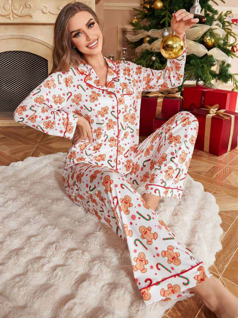 White 1980s Gingerbread Candy Cane Christmas Pajama Set