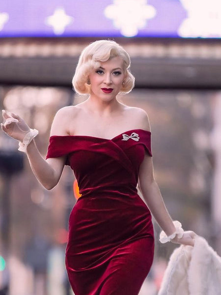 Wine Red 1960s Velvet Bodycon Dress Retro Stage