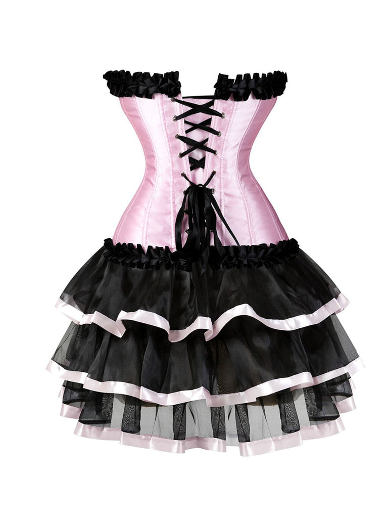 2PCS Black & Pink 1980s Steampunk Strapless Corset & Skirt
