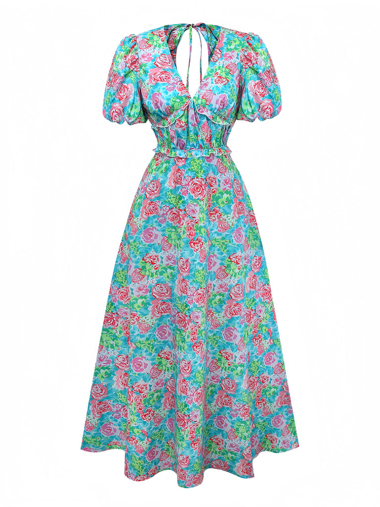 Green 1970s Boho Floral V-Neck Dress