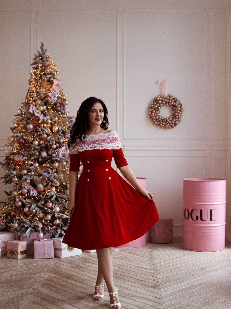1950s Off Shoulder Button Embellished Dress