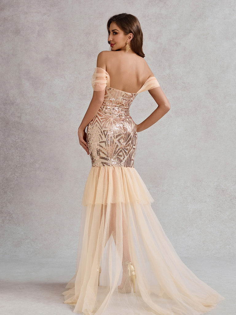 Champagne 1920s Off-Shoulder Sequined Mesh Dress