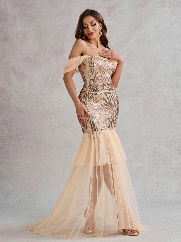 Champagne 1920s Off-Shoulder Sequined Mesh Dress