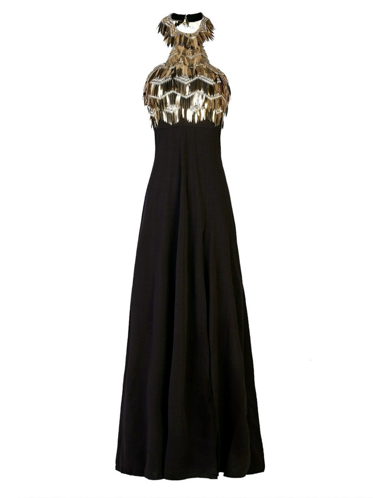 Gold 1930s Sequined Patchwork Halter Backless Evening Dress