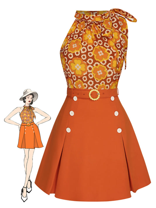 She pairs this 2PCS 1960s Tie Neck Floral Top & Button Solid Skirt with confidence and 1960s charm