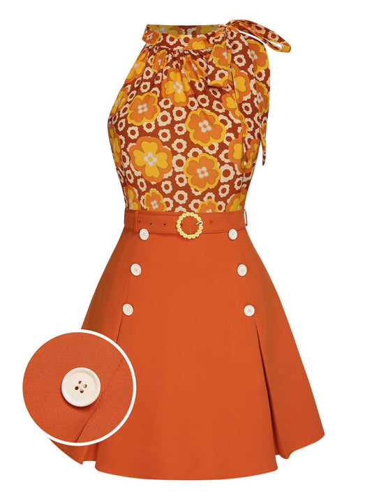 2PCS 1960s Tie Neck Floral Top & Button Solid Skirt: a 1960s classic that whispers rather than shouts