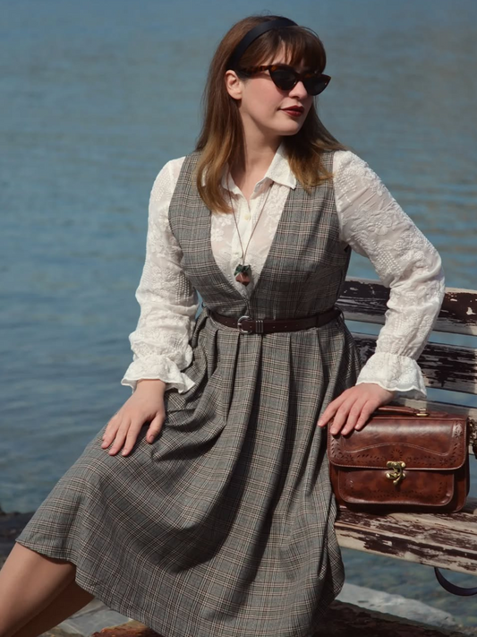 She slips into this 2PCS Grey 1940s V-Neck Plaid Dress & Satin Blouse and suddenly it's a 1940s daydream