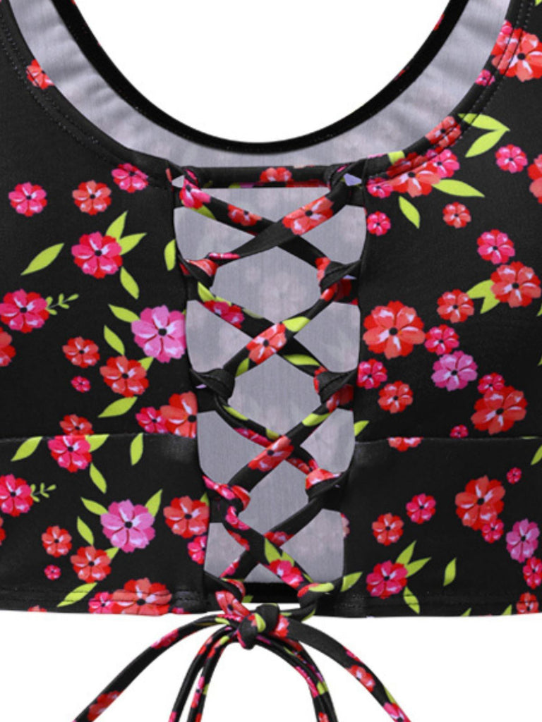 Black 1940s Ditsy Floral Lace-Up Tankini Set